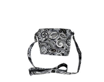 Crossbody messenger Black white and grey paisley print cotton Small