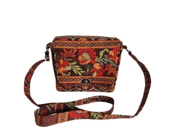 Crossbody messenger Earth tone floral frenzy cotton Small