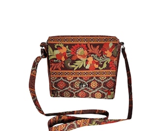 Crossbody messenger Earth tone floral frenzy cotton Large