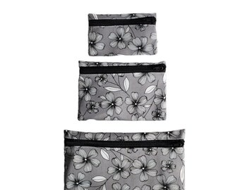 Pouch Set Grey black and white floral print cotton