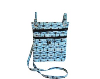 Crossbody hip bag Dragonfly kaleidoscope on blue cotton Large