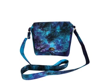 Crossbody messenger Blue, purple, and black tie dye cotton Small