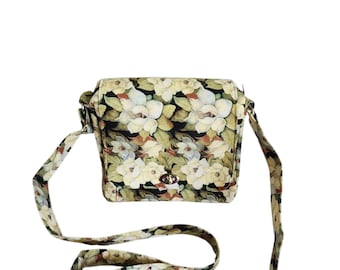 Crossbody messenger Magnolia print on black cotton Small