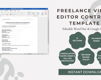 Plantilla de contrato para editor de vídeo freelance Acuerdo de servicios de edición de vídeo Contrato de cliente editable Plantilla legal para editor de vídeo Word Google