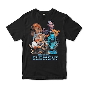 Könnte beinhalten: Ein schwarzes Kurzarm-T-Shirt mit einem farbenfrohen Grafikdruck von Charakteren aus dem Film Das fünfte Element. Das Design zeigt mehrere Figuren in verschiedenen Posen und den Text THE FIFTH ELEMENT in einer fetten blauen Schrift.