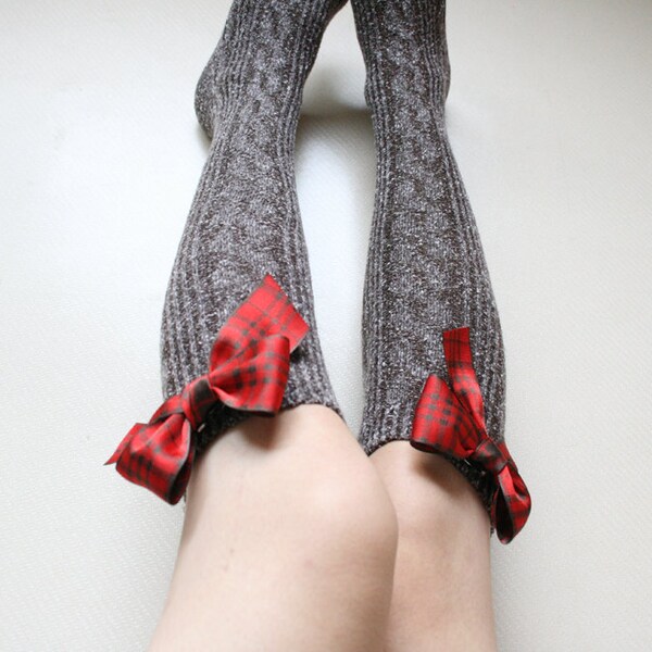 Tiffany knee hi Tartan bow Boot socks Leg warmer Chunky Cozy Warm Winter Holiday Christmas Gift ideas