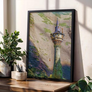 Trasseltornet-poster - Disney-väggkonst, Rapunzel-tornet-tryck, sagodekor, magiskt filmkonstverk