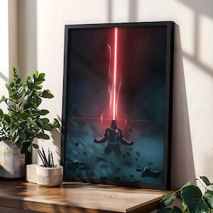 Puede incluir: Una impresión artística vertical enmarcada que muestra la silueta oscura de una figura de pie entre escombros, con un haz de luz vertical rojo brillante que se extiende desde su cabeza sobre un fondo azul oscuro y negro con acentos circulares rojos.