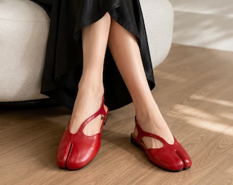 Leren Tabi ballerina's voor dames, zacht lamsleer, split teenschoenen, slingback platte schoenen, minimalistische Mary Jane stijl, comfortabel schoeisel in brede maten.
