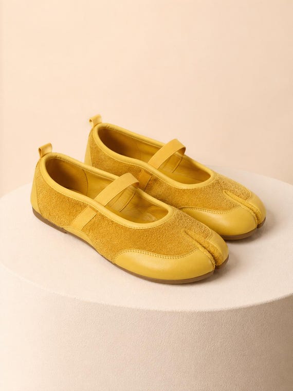 Yellow Tabi Mary Jane Flats, Velvet Split Toe Ballet Shoes, Sheepskin Leather Lined Insole, Minimalist Women's Flat Shoes, Soft Casual Flats