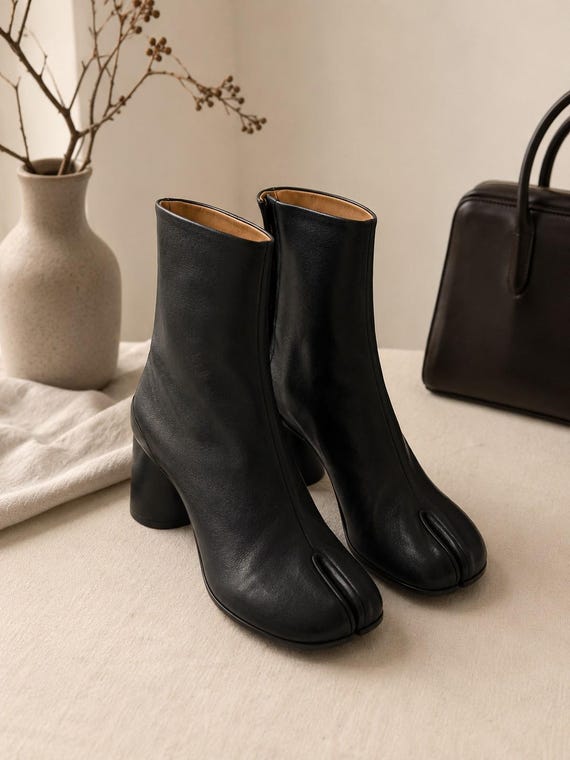 Leather Tabi Split Toe Boots Women Mid Calf Chelsea Boots Genuine Leather Chunky Heel Minimalist Japanese Style Ankle Boots Wide Size