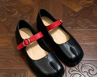 Tabi Mary Jane Shoes Women, Black Cowhide Leather Split Toe Flats, Red Strap Sheepskin Lined Footwear, Funky Y2K Ballet Core Goth Shoes