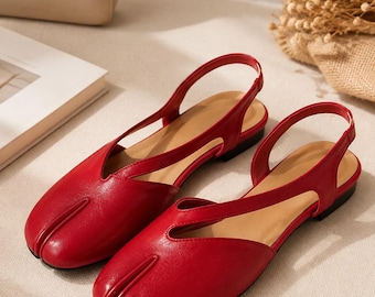 Sapatilhas francesas de bico dividido, estilo slingback, minimalistas, para o verão, com bico fechado, forro em couro macio, tamanhos largos e confortáveis.