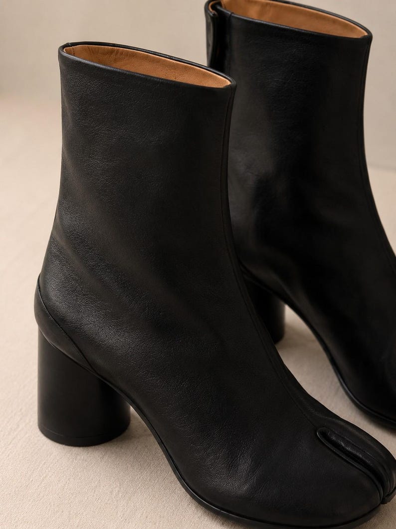 K&ouml;nnte beinhalten: Ein Paar schwarze Lederstiefeletten mit einem markanten geteilten Zehenbereich, einem zylindrischen Blockabsatz und einer glatten Oberfl&auml;che. Die Stiefel haben einen hohen Schaft und ein beiges Innenfutter sowie eine klare, schlichte Silhouette.