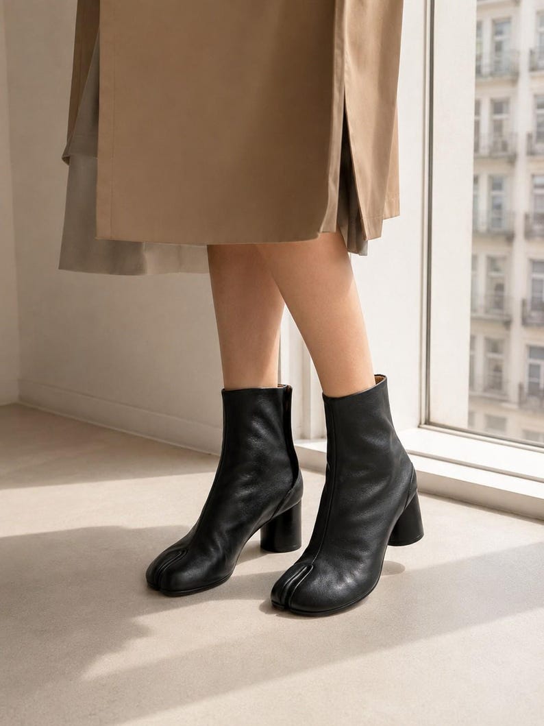 K&ouml;nnte beinhalten: Schwarze Lederstiefeletten mit einem markanten Zehen-Split-Design, einer vertikalen Naht an der Vorderseite und einem zylindrischen Blockabsatz. Die Stiefel haben eine glatte Oberfl&auml;che und reichen bis &uuml;ber den Kn&ouml;chel, was eine strukturierte Silhouette ergibt.