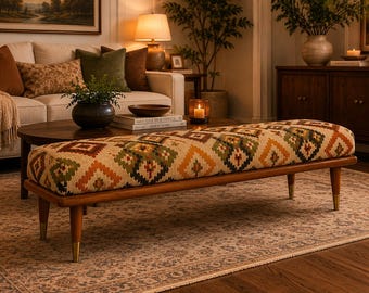 Handmade Kilim Bench | Upholstered Boho Bench | End of Bed Bench | Entryway & Hallway Seating | Southwestern Ottoman Bench | Wooden Accent