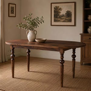 Op de afbeelding: Een ovale houten eettafel met een donkerbruine afwerking en vier gedraaide poten met afgeronde decoratieve accenten. Op het tafelblad staat een crèmekleurige keramische kan gevuld met groene bladeren en een kleine bijpassende keramische kom.