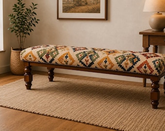 Banco estofado, banco com apoio para os pés, banco otomano, banco asteca, banco kilim tecido à mão, assento de madeira estofado, móveis de destaque para hall de entrada, estilo tribal.