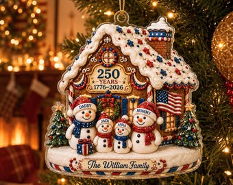 Custom America Anniversary Snowman Family Christmas Ornament, Acrylic America Keepsake, Christmas Gift for Grandma, Gingerbread House Decor