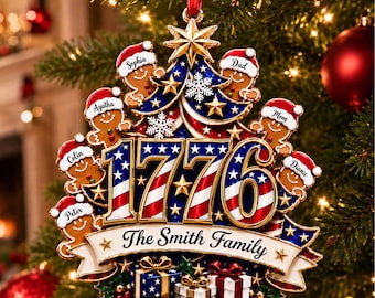 Custom  Anniversary Gingerbread Family Acrylic Ornament,  America Patriotic Family Christmas Tree Decor, 1776-2026 USA Bauble