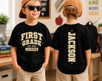 Custom Name First Grade Shirt, Boys Back To School Tee, Varsity Name Shirt, First Day Of School Outfit, Kids Athletic Tee