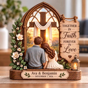May include: A decorative tabletop ornament featuring a couple sitting before a cross with draped fabric. A wooden sign reads TOGETHER IN FAITH FOREVER IN LOVE. The base is inscribed with Ava & Benjamin NOVEMBER 7, 2026, accented by flowers and a lantern.
