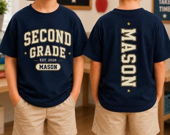 Custom Name 2nd Grade Shirt, Boys Back To School Tee, Varsity First Day Of School Outfit, Double Sided Name Shirt, Thanksgiving Xmas Gift