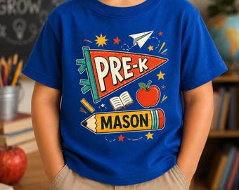 Custom Pre K Boy Shirt, Retro School Pennant Tee, First Day Of School Outfit, Personalized Pencil Shirt, Vintage Toddler Boy School Tee