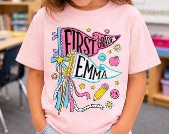 Custom Name School Shirt, First Day Of School Tee, Retro Pennant Grade Shirt, Girls Back To School Outfit, Personalized Kids Top
