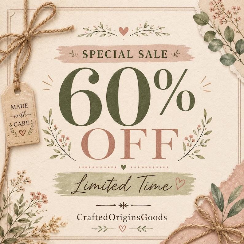 May include: A square promotional graphic with a cream background featuring the text SPECIAL SALE 60% OFF Limited Time CraftedOriginsGoods. The design includes botanical illustrations, a brown twine bow, and a tag reading MADE with CARE.