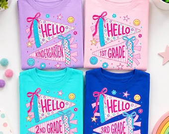 Preppy Back To School Shirt, Hello Kindergarten Tee, Neon Pennant Top, First Grade Outfit, Custom Grade Level Shirt, Girls School Top