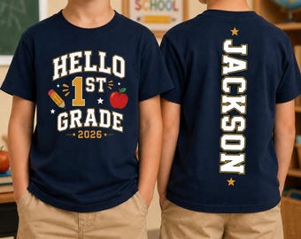 Hello 1st Grade Shirt, Custom Boys School Tee, Double Sided Name Shirt, First Day Outfit, Varsity Youth Tee, Back To School Top
