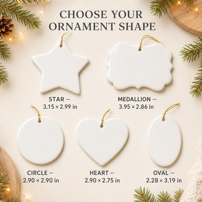 May include: Five white ceramic ornaments with gold hanging strings, labeled CHOOSE YOUR ORNAMENT SHAPE. Shapes include a star (3.15 x 2.99 in), medallion (3.95 x 2.86 in), circle (2.90 x 2.90 in), heart (2.90 x 2.75 in), and oval (2.28 x 3.19 in).