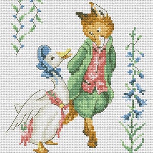 May include: A cross-stitch pattern on white fabric featuring a brown fox wearing a green coat and pink waistcoat, standing next to a white duck with a blue bonnet and pink shawl, surrounded by green vines and a tall blue flower stalk design.