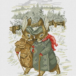 Può includere: Un motivo per ricamo a punto croce raffigurante due conigli antropomorfi che camminano in un paesaggio innevato. Un coniglio indossa un cappotto beige e porta un bastone di legno, mentre l'altro indossa un cappotto grigio, una sciarpa rossa e un bastone.
