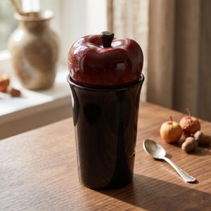 Apple Ceramic Jar with Lid, Dark Red Apple Shaped Canister, Unique Storage Pot for Candy Spice Tea, Vintage Kitchen Decor Gift
