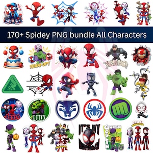 May include: A digital collection of over 170 Spidey and Friends PNG character graphics featuring various superheroes in red, blue, green, and purple outfits, including Spider-Man, Hulk, and Green Goblin, with text elements like Team-Up and It's My Birthday.