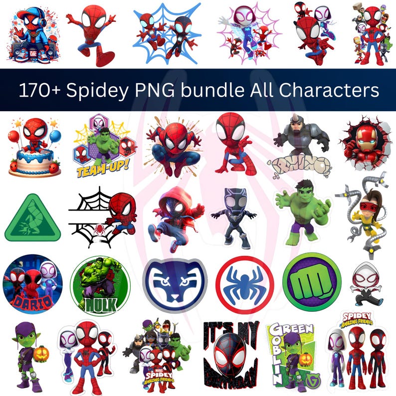 May include: A digital collection of over 170 Spidey and Friends PNG character graphics featuring various superheroes in red, blue, green, and purple outfits, including Spider-Man, Hulk, and Green Goblin, with text elements like Team-Up and It's My Birthday.