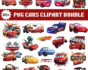 Pacote de imagens PNG de carros, incluindo Relâmpago McQueen, Mate, personagens de desenho animado, designs para camisetas, decoração de bolos e sublimação.