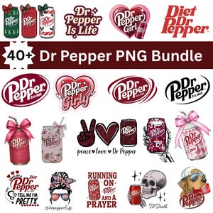 Può includere: Una collezione digitale di oltre 40 design grafici a tema Dr Pepper con lattine di bibite, cuori, teschi e scritte come Dr Pepper Is Life, Dr Pepper Girly e Peace Love Dr Pepper in palette di colori rosso, rosa, bianco e nero.