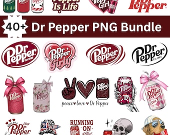 Pacote de imagens PNG do Dr Pepper, logotipo de refrigerante, designs femininos, corações e laços, clipart vintage de refrigerante, arquivos de corte para Cricut e Silhouette, download instantâneo.