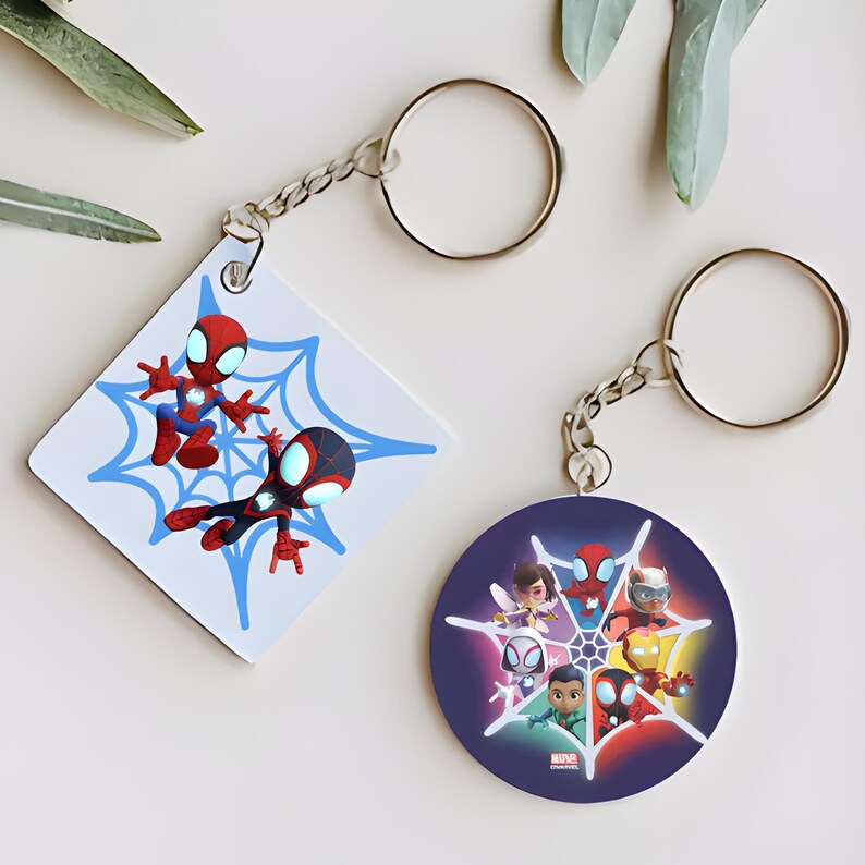 May include: Two keychains with metal rings and chains. One is a white square featuring two cartoon spider-themed characters on a blue web. The other is a dark purple circle displaying a group of six cartoon superheroes arranged on a white web.