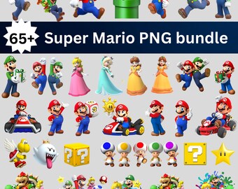 Pacote com mais de 65 imagens PNG do Super Mario, incluindo Mario e seus amigos, Princesa Peach, Luigi, perfeitas para decoração de festas e sublimação. Ideal para Cricut e sublimação.