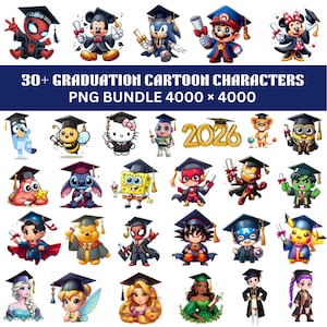 May include: A collection of 30+ graduation cartoon characters in PNG format. The characters include Spider-Man, Mickey Mouse, Sonic, Mario, Minnie Mouse, and more, all wearing graduation caps and holding diplomas.