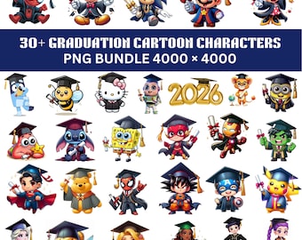 Pacote de imagens PNG com personagens de desenho animado de formandos, incluindo imagens de anime e de crianças, turma de 2026, design para sublimação com tema de super-heróis, download instantâneo.