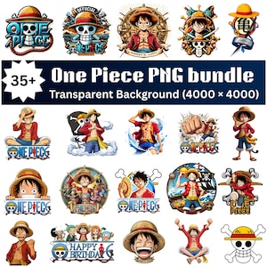 Può includere: Una collezione di grafiche PNG colorate di One Piece con il personaggio Luffy in varie pose. Le immagini includono il testo "One Piece" e "Happy Birthday". Il pacchetto include oltre 35 immagini con sfondo trasparente.