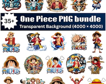 Könnte beinhalten: Eine Sammlung farbenfroher One Piece PNG-Grafiken mit der Figur Luffy in verschiedenen Posen. Die Bilder enthalten den Text "One Piece" und "Happy Birthday". Das Bundle enthält über 35 Bilder mit transparentem Hintergrund.