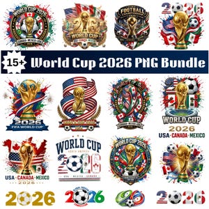 Puede incluir: Un paquete digital de más de 15 diseños gráficos de la Copa Mundial 2026 con el trofeo dorado, balones de fútbol y las banderas de EE. UU., Canadá y México. La colección incluye varios emblemas, logotipos e ilustraciones artísticas con el texto World Cup 2026.