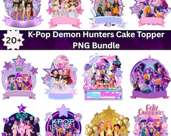 Pacote com mais de 20 toppers de bolo editáveis da Huntrix, Caçadoras de Demônios K-Pop em PNG, toppers para bolos e cupcakes de aniversário, decorações para festas, download digital