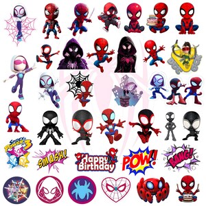May include: A collection of stickers featuring various Spider-Man characters in chibi style, including Spider-Gwen, Miles Morales, and Doc Ock. The set includes comic book sound effects like SMASH, POW, and BANG, plus Happy Birthday text and icons.